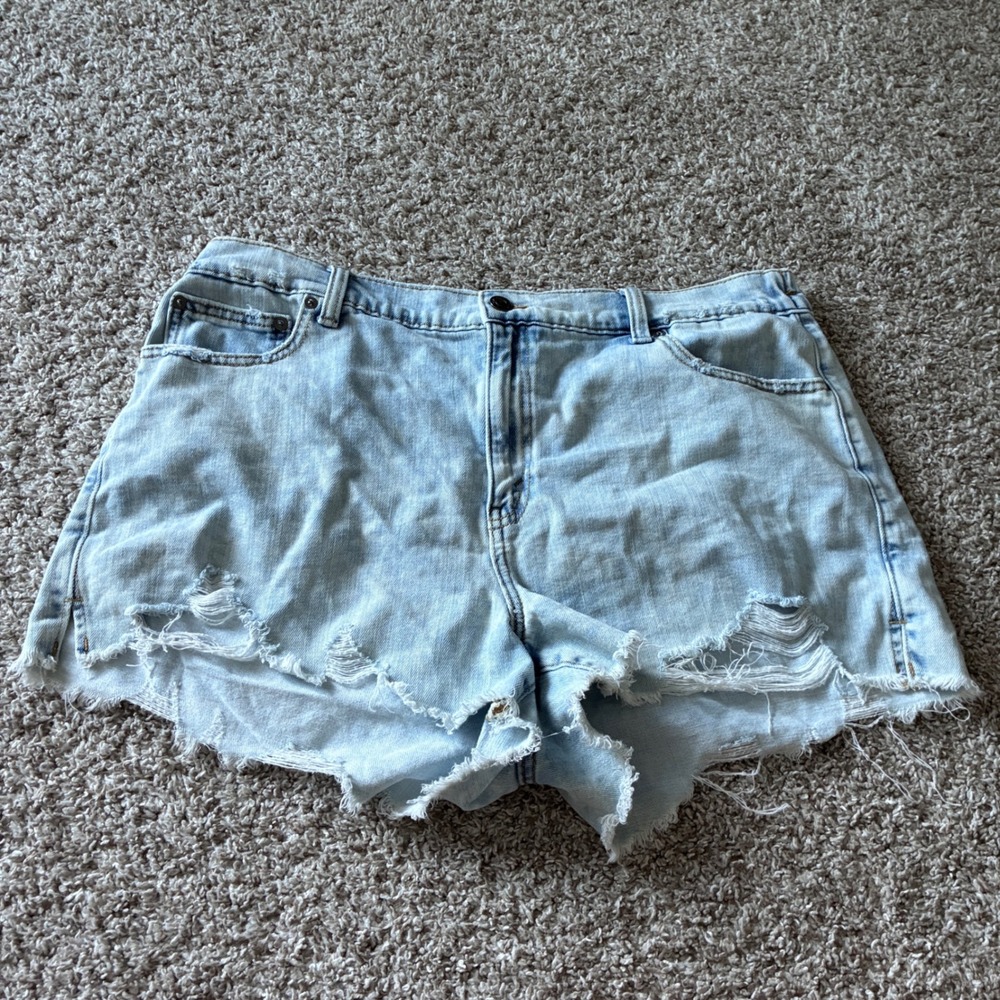 Aerie Light Wash Distressed Denim Shorts Elastic Back Waistband XL